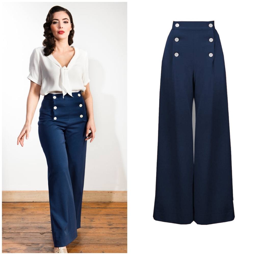NWOT House Of Foxy 1930's Sailor Pants Navy Blue Size XS (UK 8)